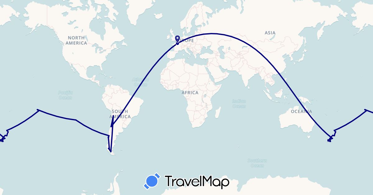 TravelMap itinerary: driving in Chile, France, Hong Kong, New Zealand, French Polynesia (Asia, Europe, Oceania, South America)