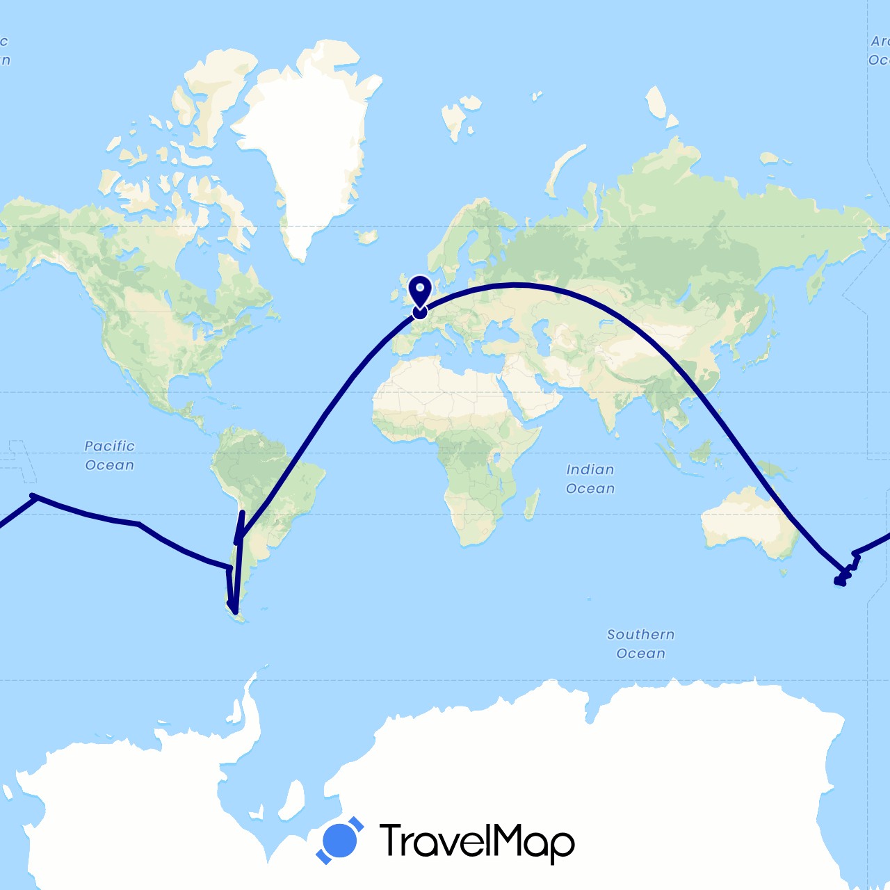 TravelMap itinerary: driving in Chile, France, Hong Kong, New Zealand, French Polynesia (Asia, Europe, Oceania, South America)
